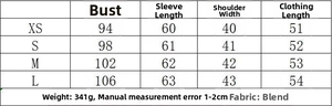 Size chart for women's shoulder pad jacket and trousers set with detailed measurements