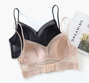 Detail of U-back wireless bra with mesh polka dots and breathable stripe stitching