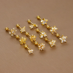 Golden stainless steel stud earrings set with clear zircon and screw ball back closure