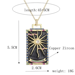 Detail of tarot sun square pendant with multicolor zircons and size specifications