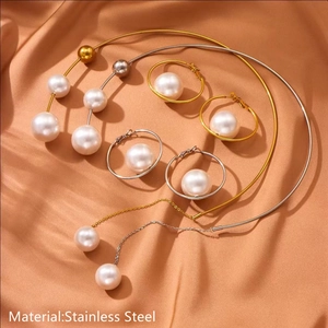 Modern stainless steel pearl fringe necklace and hoop earrings set on silk