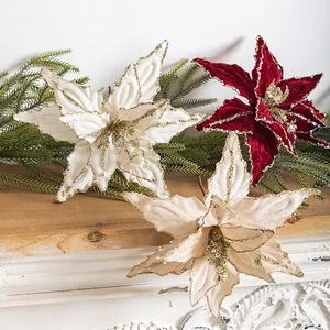 26CM Christmas velvet flowers with gold sequins in red, white and champagne on a mantel