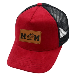 Red and black mesh trucker hat with MOM leather patch and cow graphic on front