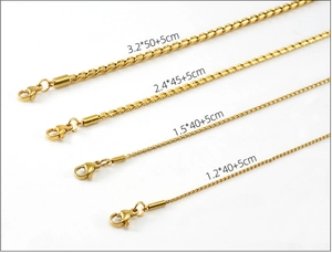Comparison of 18K gold plated stainless steel S-chains in various sizes and lengths