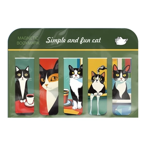Detailed close-up of 5-piece cat illustration magnetic bookmarks on a green display card