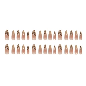 Almond leopard print press-on nails with pink gradient and gold glitter detail