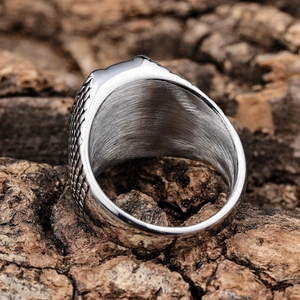 Retro stainless steel compass ring with scale texture on a natural bark background