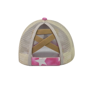 Detail of pink ponytail baseball cap with criss cross elastic bands and star pattern strap