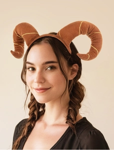 Close-up of brown plush ox horns headband with gold thread detail on a female model
