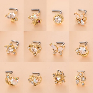 Set di 12 piercing per il naso a L in acciaio inossidabile dorato con zirconi a cuore e stella