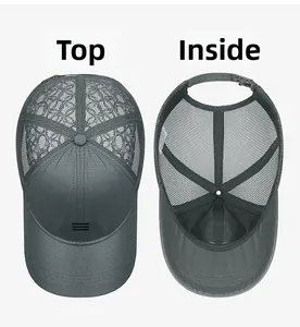 Detailed views of exterior and interior of dark gray breathable mesh baseball cap