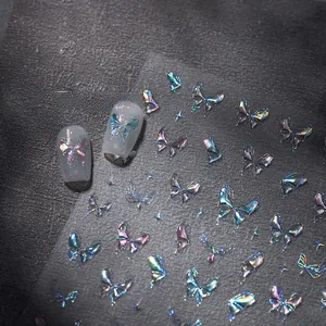 Macro detail of 3D embossed aurora butterfly nail stickers with holographic shimmer effects