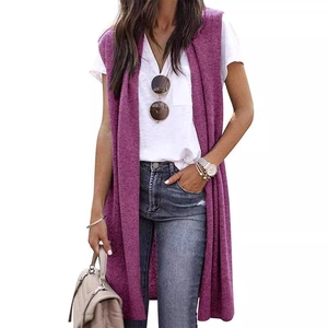 Damen Strickweste in Lila lange Form ärmellose Strickjacke mit offener Vorderseite