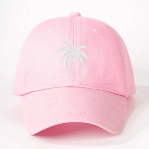 Pink cotton baseball cap with white palm tree embroidery and adjustable strap