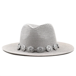 Grey straw Panama hat for men with silver bohemian alloy sunflower buckle decoration