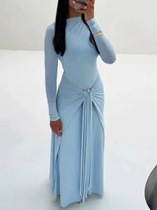 Slim fit long sleeve maxi dress in light blue with side metal ring ruching detail