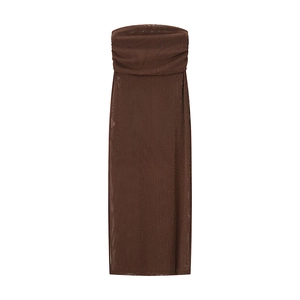 Detailed texture of coffee brown tube dress made of lightweight mesh knit fabric