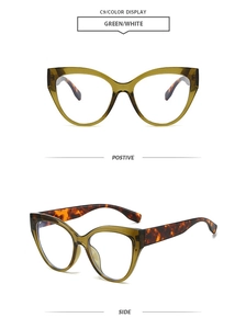 Detailed view of green cat-eye sunglasses featuring tortoise pattern temples and C9 model info