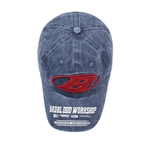 Vintage navy blue washed cotton baseball cap with red B embroidery and white text print