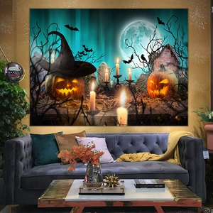 Macro detail of Halloween tapestry featuring pumpkin and bats in a modern living room
