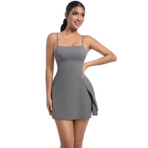 Detail view of charcoal gray sports dress with side slit and thin straps for tennis