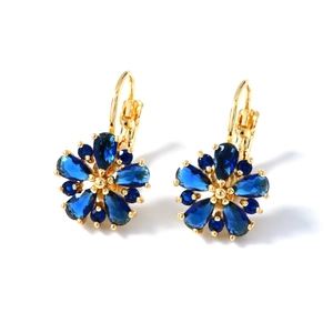 Elegant gold-plated flower earrings with deep blue pear-cut and round-cut zircons