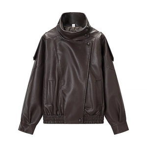 Women's dark brown PU leather moto jacket with stand collar and elastic waist hem