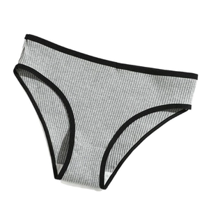 Grey ribbed cotton women's panties with black elastic contrast binding on white background