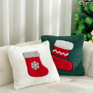 Christmas Santa stockings embroidery sherpa pillow covers in white and dark green fleece