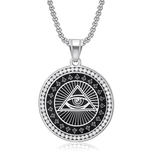 Silver stainless steel Freemason Eye of Providence pendant necklace with white zircon