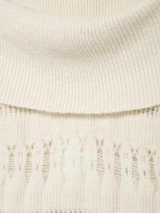 Detailed view of the off-white ribbed neckline and intricate pointelle knit texture