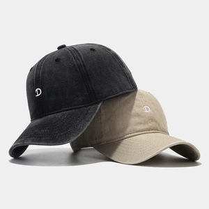 Vintage washed cotton baseball caps with D letter embroidery in charcoal and khaki tones