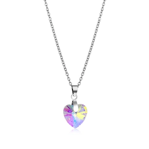Macro shot of iridescent heart-shaped crystal pendant on a silver-toned cable chain