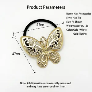 Polished hollow alloy bow hair tie with high elasticity black band in gold finish