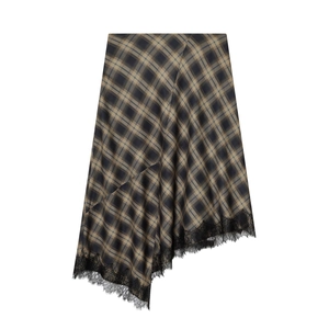 Jupe asymétrique à carreaux pour femme avec dentelle noire et finition satinée en marron