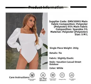 Detailed fabric specs for white backless bodysuit with 95% polyester and 5% spandex