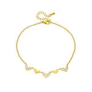 Golden heart chain anklet with white mother of pearl inlays for a summer beach look