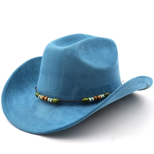 Detail of sky blue faux suede cowboy hat with bohemian style colorful beaded chin strap