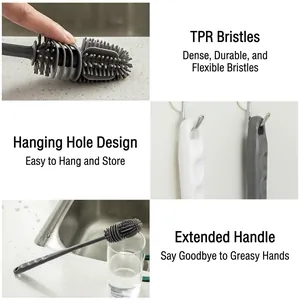 Long-handled TPR silicone bottle brush for deep cleaning with grey and white accents