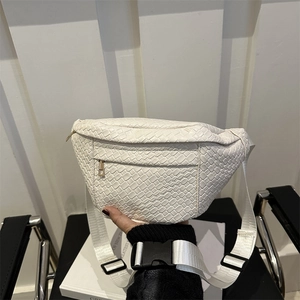White woven leather waist bag with adjustable strap and front zipper pocket