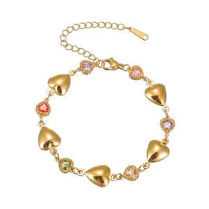 Bracelet À Charmes Cœur Étoile Acier Inoxydable Plaqué Or 18K Avec Pierres De Zircone Colorées Bohème Élégant Femmes