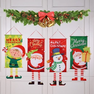 Christmas Hanging Flag Banner Flocking Cloth Door Decor Wood Rod Santa Snowman Long Legs Holiday Wall Ornament