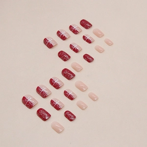 Short square red glitter press-on nails with white bow designs, 24 piece set for Christmas