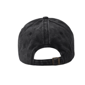 Detail of baseball cap back with 1991 embroidery and adjustable metal buckle closure