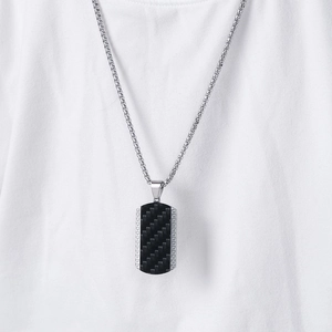 Mens vintage stainless steel necklace with black carbon fiber inlay rectangle pendant