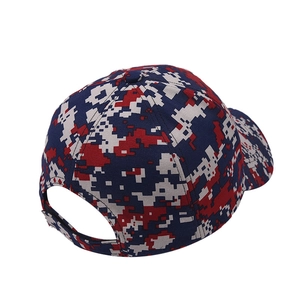 Rear view of camouflage baseball cap showing red white blue pixel pattern and strap