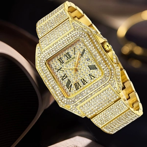 Luxury gold square quartz watch with diamond casing and Roman numerals calendar dial