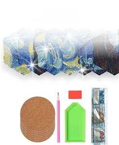 DIY diamond painting coaster set with Starry Night patterns and full craft tool kit