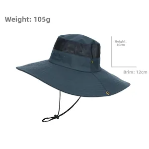 Detail showing deep grey outdoor hat with 12cm wide brim, mesh side and 105g weight