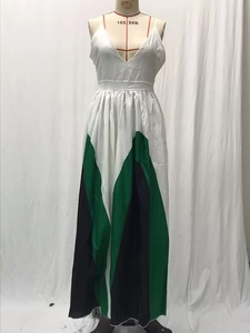 Detail view of the V-neck bodice and tri-color pleated patchwork on the long summer dress